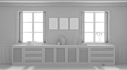 Total white project draft, provencal kitchen background with wooden and ratta Illustrazione stock