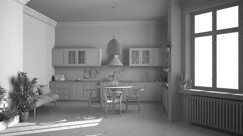 Total white project draft, retro vintage kitchen with marble floor and window Stock Illustration