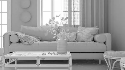 Total white project draft, retro living room closeup. Sofa, rattan table with Illustrazione stock