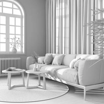 Total white project draft, retro living room with curtains, fabric sofa and.. Stock Illustration