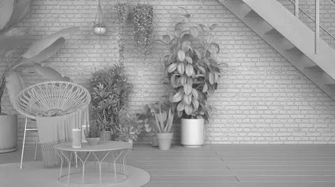 Total white project draft, rustic lounge, rattan armchair and coffee table, p Stock Illustration