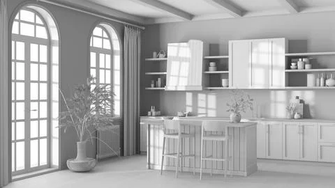 Total white project draft, rustic wooden kitchen with island and stools. pa.. Stock Illustration