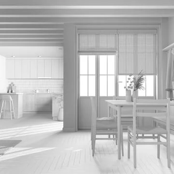 Total white project draft, rustic wooden kitchen and dining room. Cabinets .. Stock Illustration