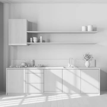 Total white project draft, rustic wooden kitchen with appliances. Cabinets,.. Stock Illustration