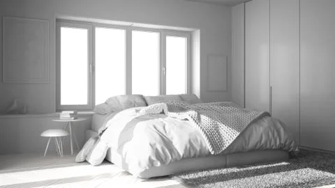 Total white project draft, scandinavian white and green minimalist bedroom wi Stock Illustration