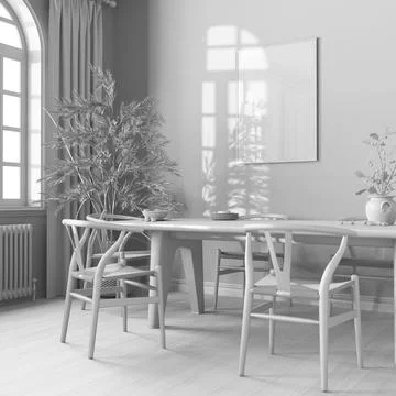 Total white project draft, scandinavian vintage dining room. Wooden table wit 스톡 일러스트