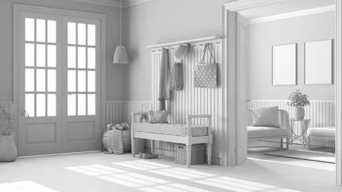 Total white project draft, scandinavian hallway and living room. Wooden ben.. Stock Illustration