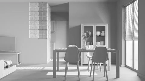 Total white project draft, scandinavian dining and living room. Wooden tabl.. 스톡 일러스트