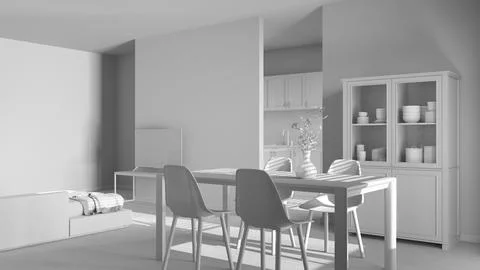 Total white project draft, scandinavian wooden dining and living room. Tabl.. 스톡 일러스트