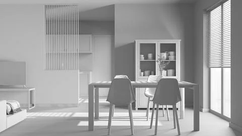 Total white project draft, scandinavian wooden dining and living room. Tabl.. 스톡 일러스트