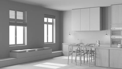 Total white project draft, scandinavian nordic wooden kitchen and dining ro.. Stock Illustration