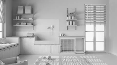 Total white project draft, space devoted to pet, pet friendly laundry room wi Stock Illustration