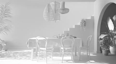 Total white project draft, vintage retro dining room with table and chairs, b Stock Illustration