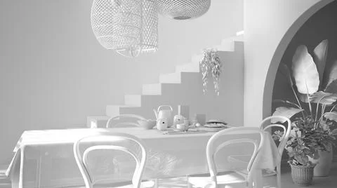 Total white project draft, vintage retro dining room with table and chairs, b Stock Illustration