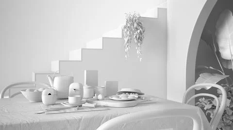Total white project draft, vintage retro dining room with table and chairs, b Illustrazione stock