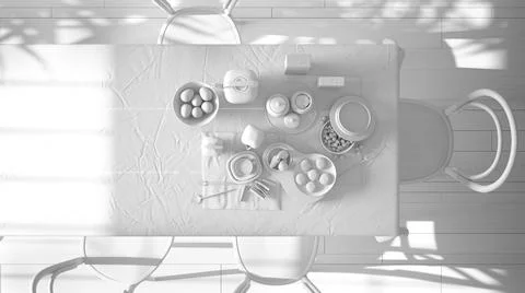 Total white project draft, vintage retro dining room with wooden table and ch Stock Illustration