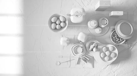 Total white project draft, vintage retro dining room with wooden table and ch Stock Illustration