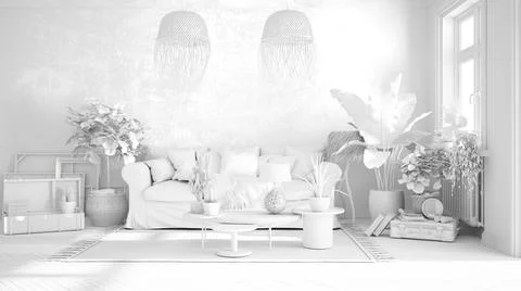 Total white project draft, vintage, old style living room, sofa, carpet, pill Stock-Illustration