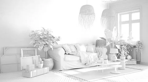 Total white project draft, vintage, old style living room, sofa, carpet, pill Stock Illustration