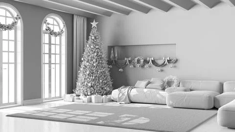 Total white project draft, winter, Christmas, New Year interior design in m.. Stock Illustration