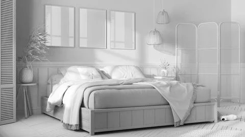 Total white project draft, wooden scandinavian bedroom. Double bed with blank Stock Illustration