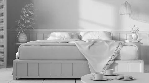 Total white project draft, wooden minimalist bedroom. Mater bed with blanket  Illustrazione stock