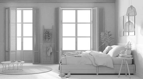 Total white project draft, wooden modern farmhouse bedroom. Double bed with b Stock Illustration