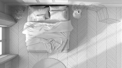 Total white project draft, wooden country bedroom. Mater bed with blankets. W Illustrazione stock