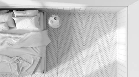 Total white project draft, wooden romantic bedroom. Mater bed with blankets a Stock Illustration