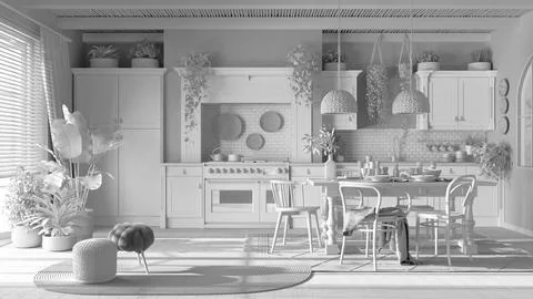 Total white project draft, wooden country kitchen.Dining table, carpet and ap 스톡 일러스트