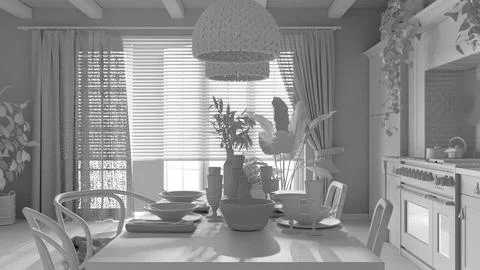 Total white project draft, wooden country dining table setting. Kitchen, pend Stock Illustration