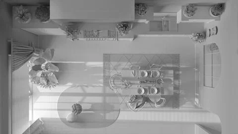 Total white project draft, wooden country kitchen.Dining table, carpet and ap Stock Illustration