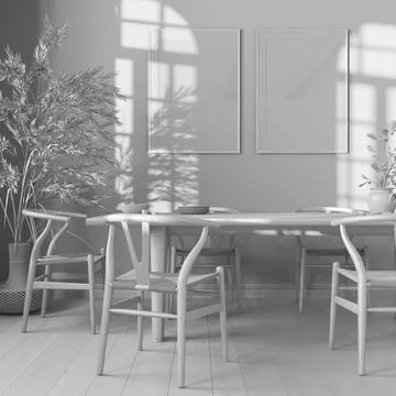 Total white project draft, wooden retro dining room. Table with chairs, parqu Stock Illustration