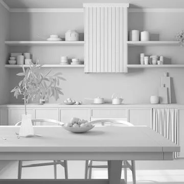 Total white project draft, wooden rustic kitchen and dining room. Cabinets .. Stock Illustration