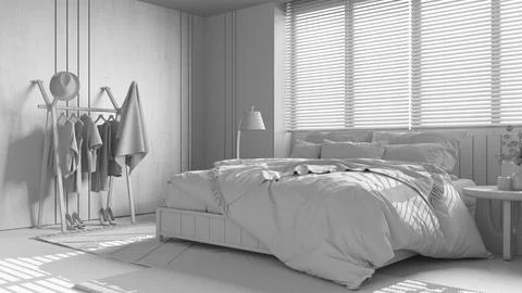 Total white project draft, wooden cozy bedroom. Master bed with pillows and.. Stock Illustration