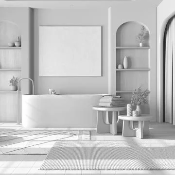 Total white project draft, wooden bathroom with parquet floor. Freestanding.. 스톡 일러스트