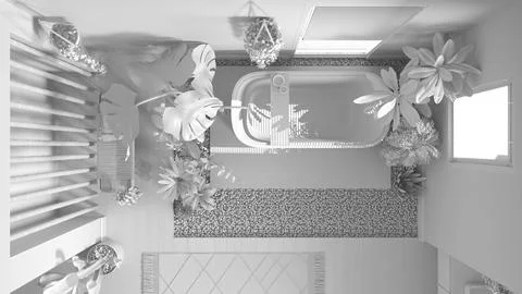 Total white project draft, wooden bathroom with many houseplants. Parquet a.. Stock Illustration