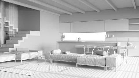 Total white project draft, wooden japandi living room and kitchen with resi.. Stock Illustration