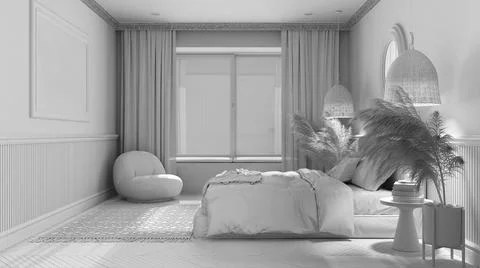 Total white project, elegant bedroom with modern minimalist furniture. Parque イラスト素材