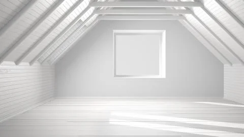 Total white project of empty room, loft, attic, parquet wooden floor and wood Stock Illustration