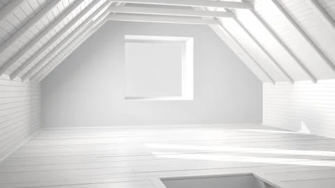 Total white project of empty room, loft, attic, parquet wooden floor and wood Stock Illustration