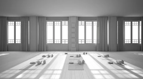 Total white project of empty yoga studio interior design, minimal classic spa Stock Illustration
