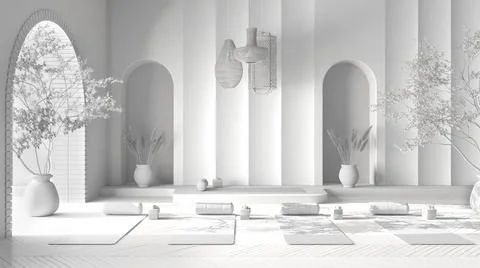 Total white project, empty yoga studio interior design, western japanese spac Stock Illustration