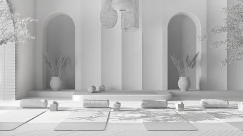 Total white project, empty yoga studio interior design, western japanese spac Stock Illustration