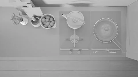 Total white project, kitchen close up, induction and gas hob with pot , fried Illustrazione stock