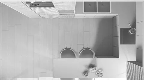 Total white project, kitchen in modern apartment, dining table, chairs. Sink, Stock Illustration