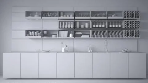 Total white project of minimalistic kitchen close-up, modern architecture int Stock Illustration