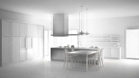 Total white project of minimalistic modern kitchen with table, chairs and par Stock Illustration