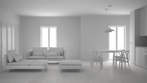 Total white project of modern clean living room with kitchen and dining table Stock Illustration