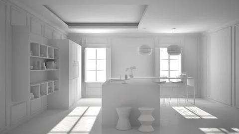 Total white project of modern kitchen furniture in classic room, old parquet, Stock Illustration